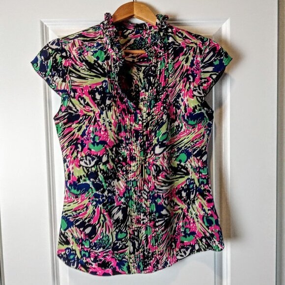 Tahari Silk Pleat Front Ruffled Collar Print Top - Picture 1 of 7